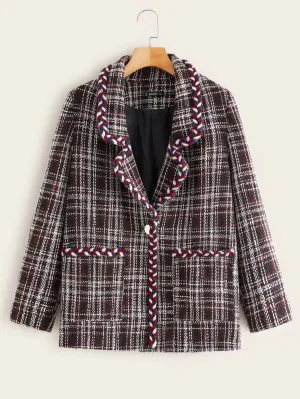 CM-CS115673 Women Elegant European Style Long Sleeve Braided Tape Trim Pocket Front Tweed Blazer