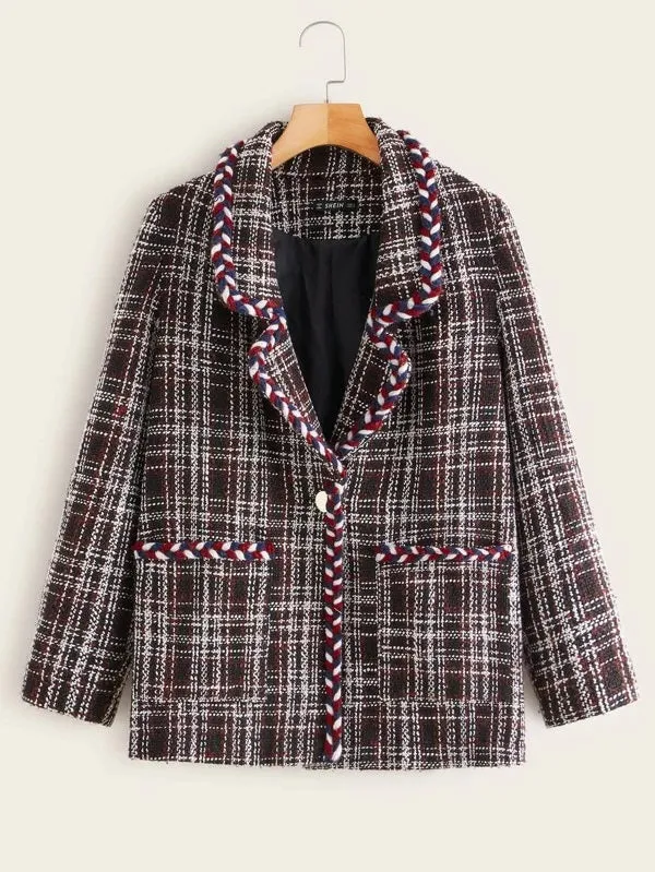 CM-CS115673 Women Elegant European Style Long Sleeve Braided Tape Trim Pocket Front Tweed Blazer