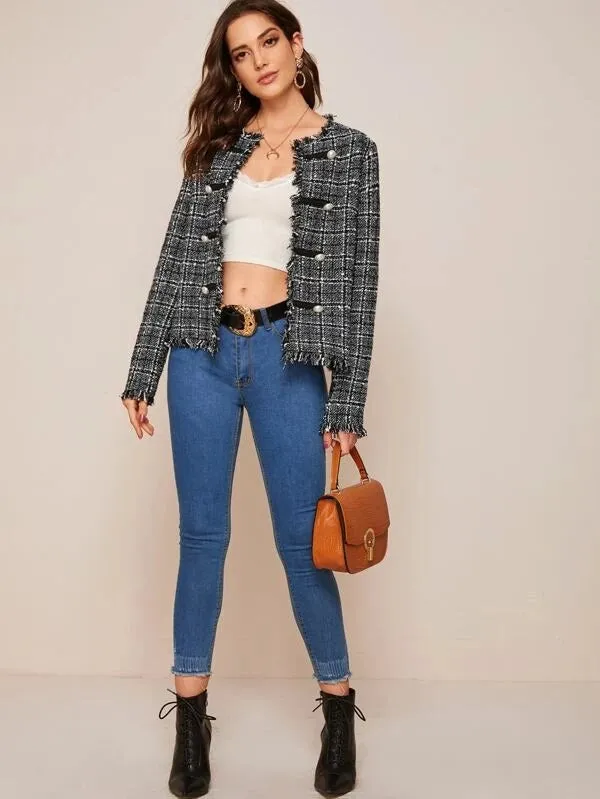 CM-CS126129 Women Elegant European Style Frayed Trim Double Breasted Tweed Jacket - Black