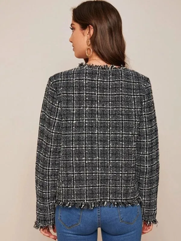 CM-CS126129 Women Elegant European Style Frayed Trim Double Breasted Tweed Jacket - Black