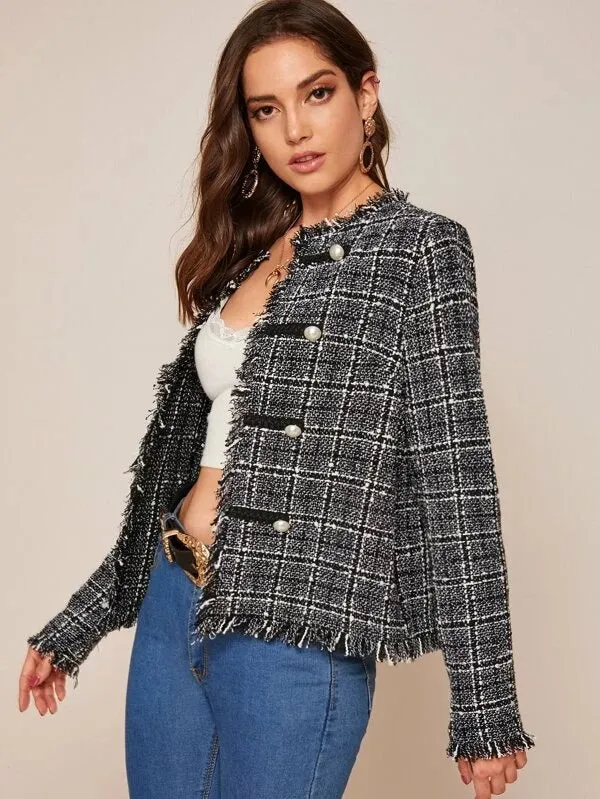 CM-CS126129 Women Elegant European Style Frayed Trim Double Breasted Tweed Jacket - Black