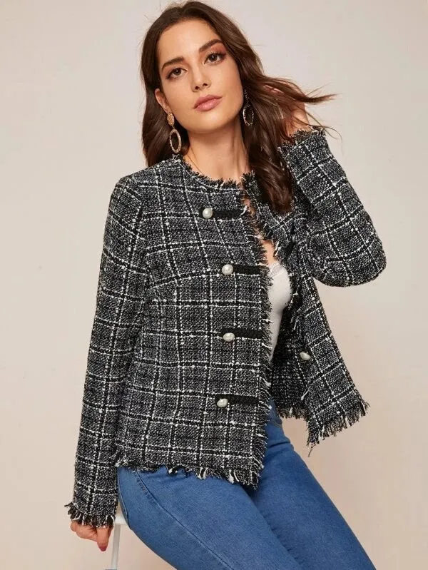CM-CS126129 Women Elegant European Style Frayed Trim Double Breasted Tweed Jacket - Black