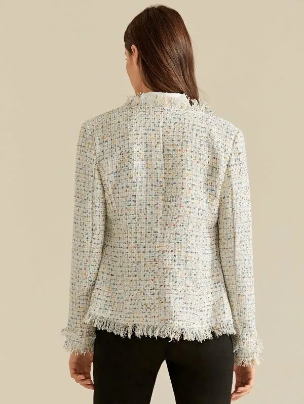 CM-CS813178 Women Elegant European Style Long Sleeve Collared Frayed Trim Tweed Blazer - Beige