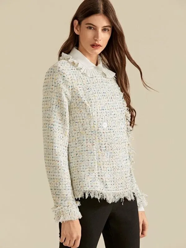 CM-CS813178 Women Elegant European Style Long Sleeve Collared Frayed Trim Tweed Blazer - Beige