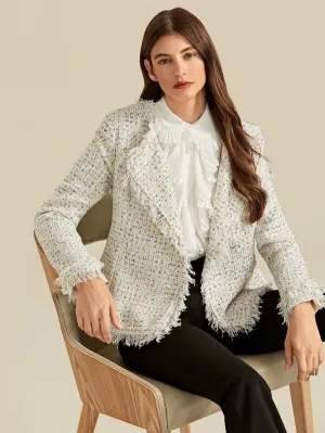 CM-CS813178 Women Elegant European Style Long Sleeve Collared Frayed Trim Tweed Blazer - Beige