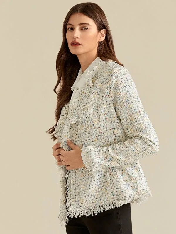 CM-CS813178 Women Elegant European Style Long Sleeve Collared Frayed Trim Tweed Blazer - Beige
