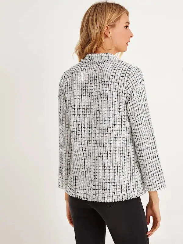 CM-CS816185 Women Casual Seoul Style Long Sleeve Frayed Trim Single Button Tweed Blazer - White