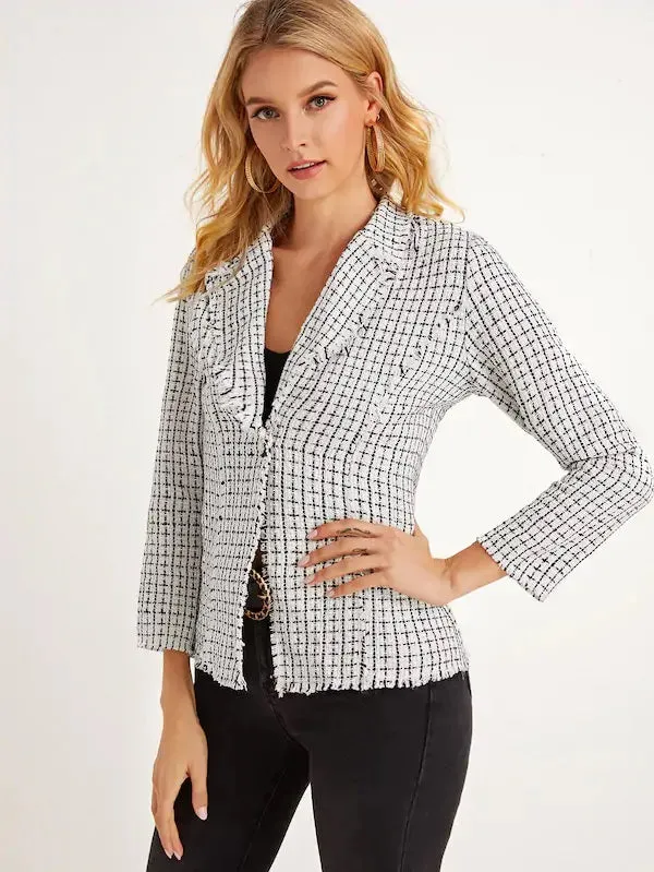 CM-CS816185 Women Casual Seoul Style Long Sleeve Frayed Trim Single Button Tweed Blazer - White