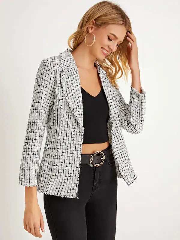 CM-CS816185 Women Casual Seoul Style Long Sleeve Frayed Trim Single Button Tweed Blazer - White