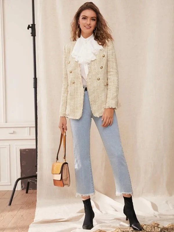 CM-CS827519 Women Elegant Seoul Style Long Sleeve Buttoned Raw Trim Tweed Blazer - Beige
