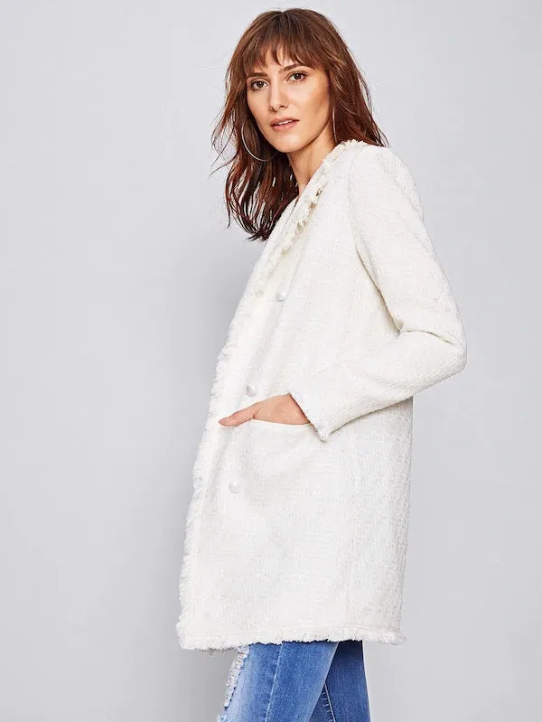 CM-CS828703 Women Elegant European Style Long Sleeve Frayed Trim Longline Tweed Blazer - White