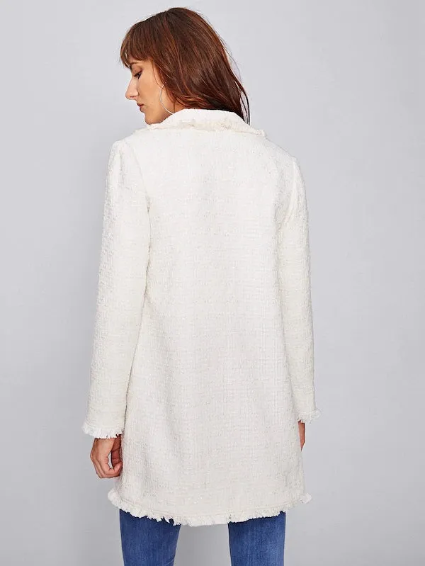 CM-CS828703 Women Elegant European Style Long Sleeve Frayed Trim Longline Tweed Blazer - White
