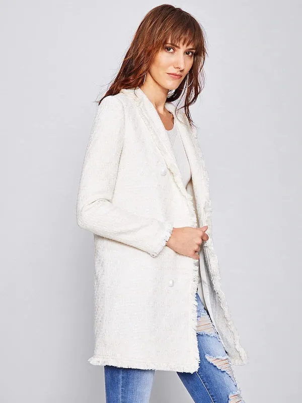 CM-CS828703 Women Elegant European Style Long Sleeve Frayed Trim Longline Tweed Blazer - White