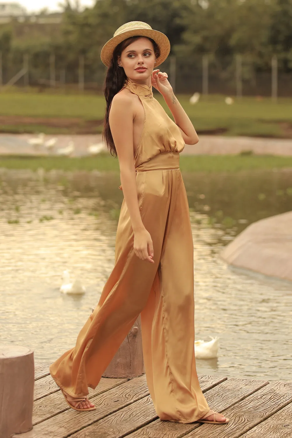DARCEY PANT SET Halter Tie Back Top with Pleated Wide Leg Pant (Bronze SC Silk)