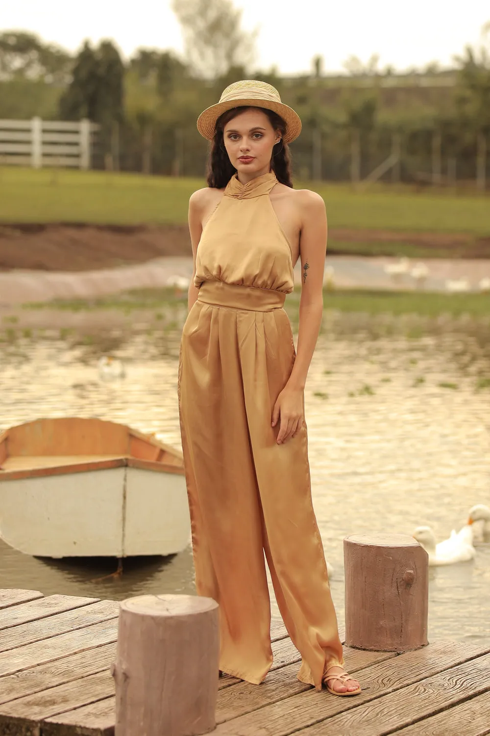 DARCEY PANT SET Halter Tie Back Top with Pleated Wide Leg Pant (Bronze SC Silk)