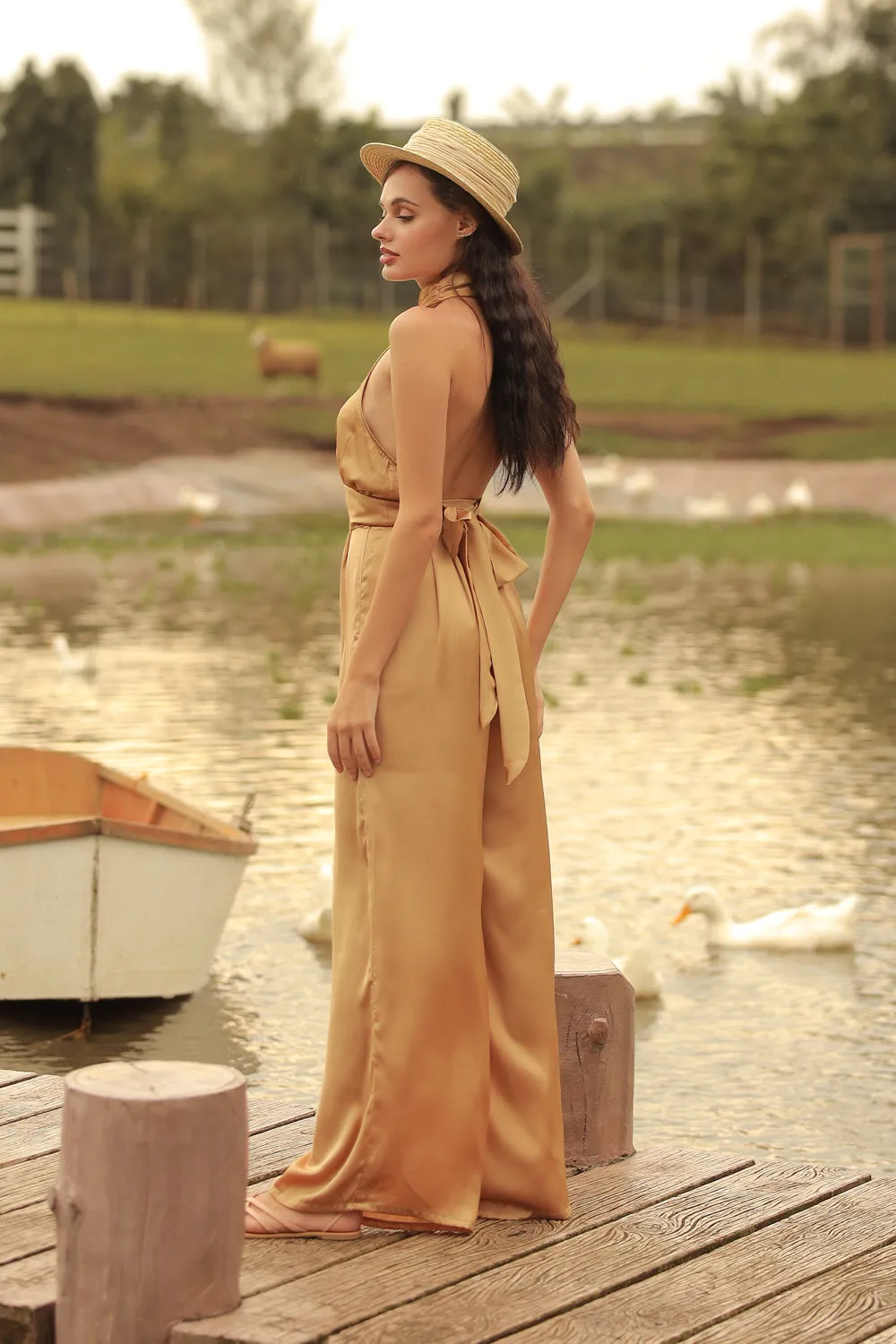 DARCEY PANT SET Halter Tie Back Top with Pleated Wide Leg Pant (Bronze SC Silk)