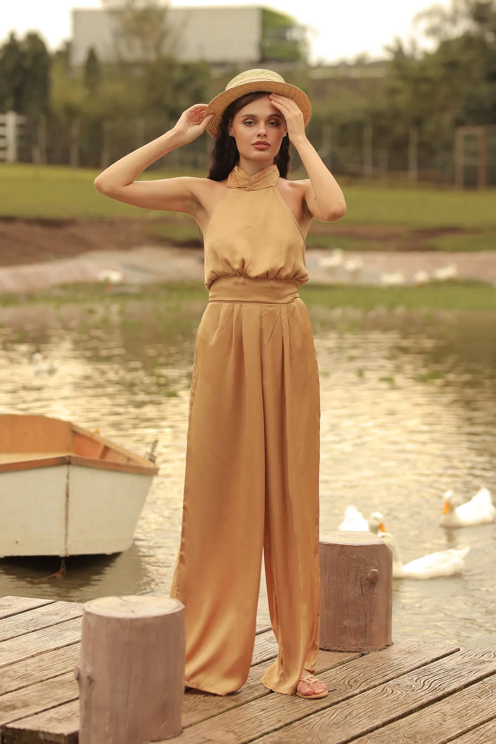 DARCEY PANT SET Halter Tie Back Top with Pleated Wide Leg Pant (Bronze SC Silk)