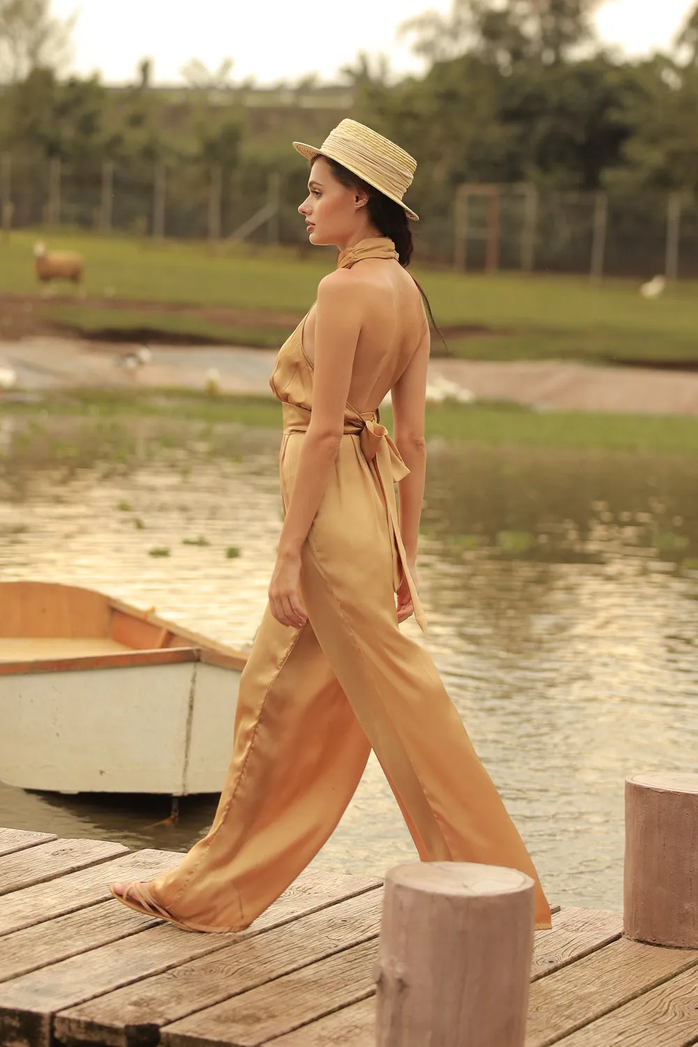 DARCEY PANT SET Halter Tie Back Top with Pleated Wide Leg Pant (Bronze SC Silk)