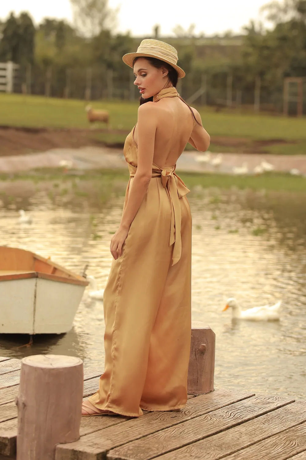 DARCEY PANT SET Halter Tie Back Top with Pleated Wide Leg Pant (Bronze SC Silk)