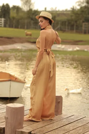 DARCEY PANT SET Halter Tie Back Top with Pleated Wide Leg Pant (Bronze SC Silk)