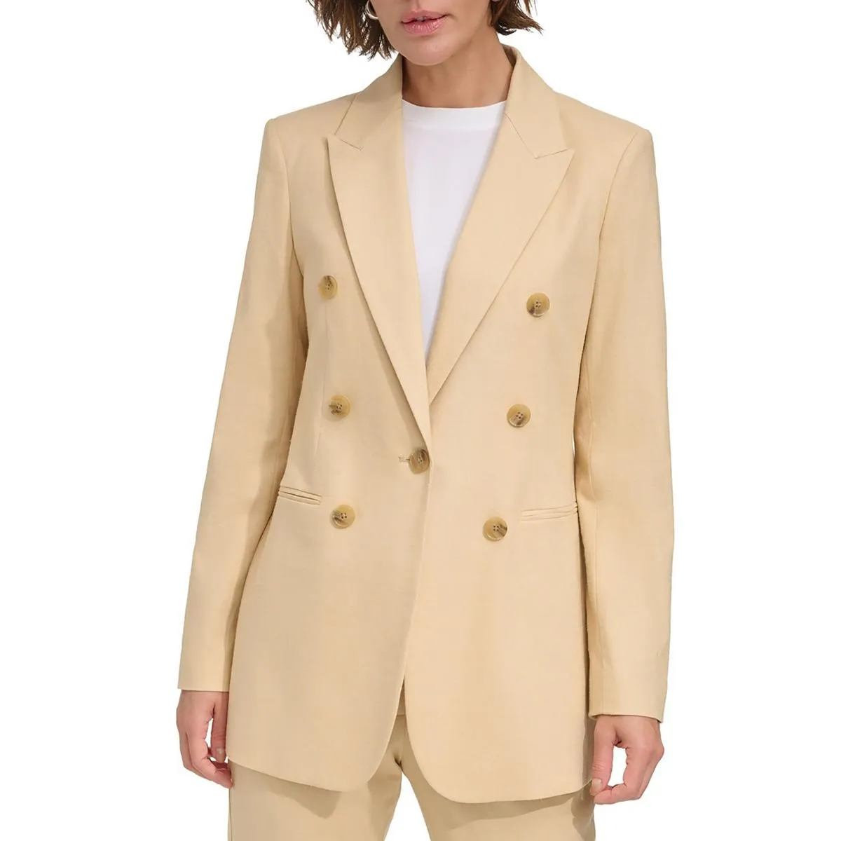 DKNY Womens Solid Linen Double-Breasted Blazer