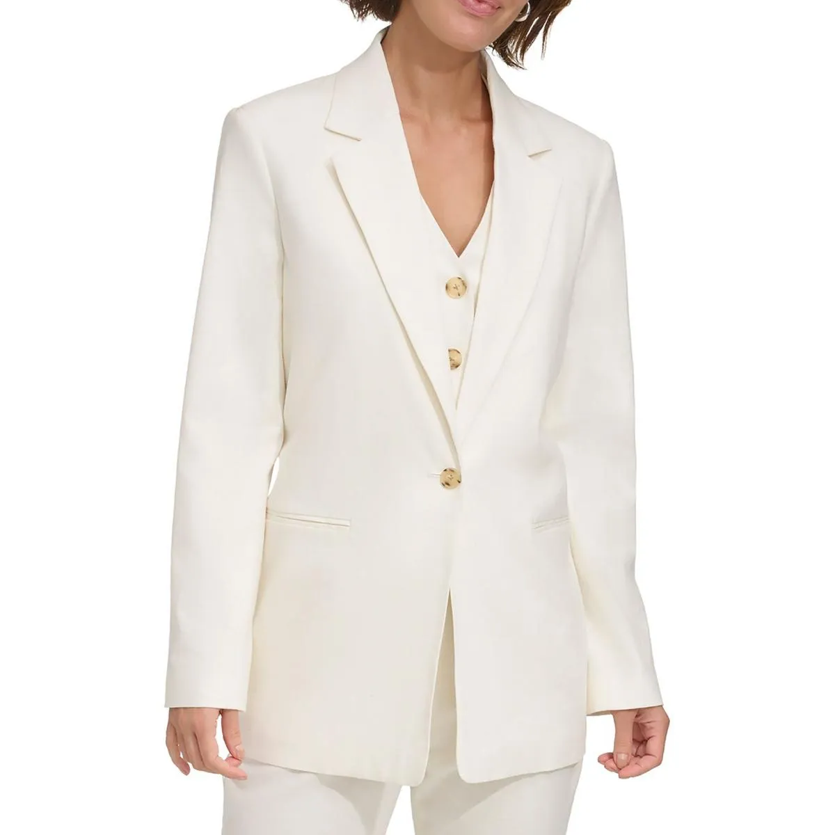 DKNY Womens Solid Linen One-Button Blazer