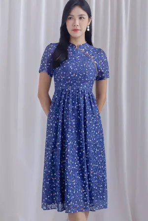 Eudora Sleeved Floral Lace Cheong Sam Dress In Navy/Orange