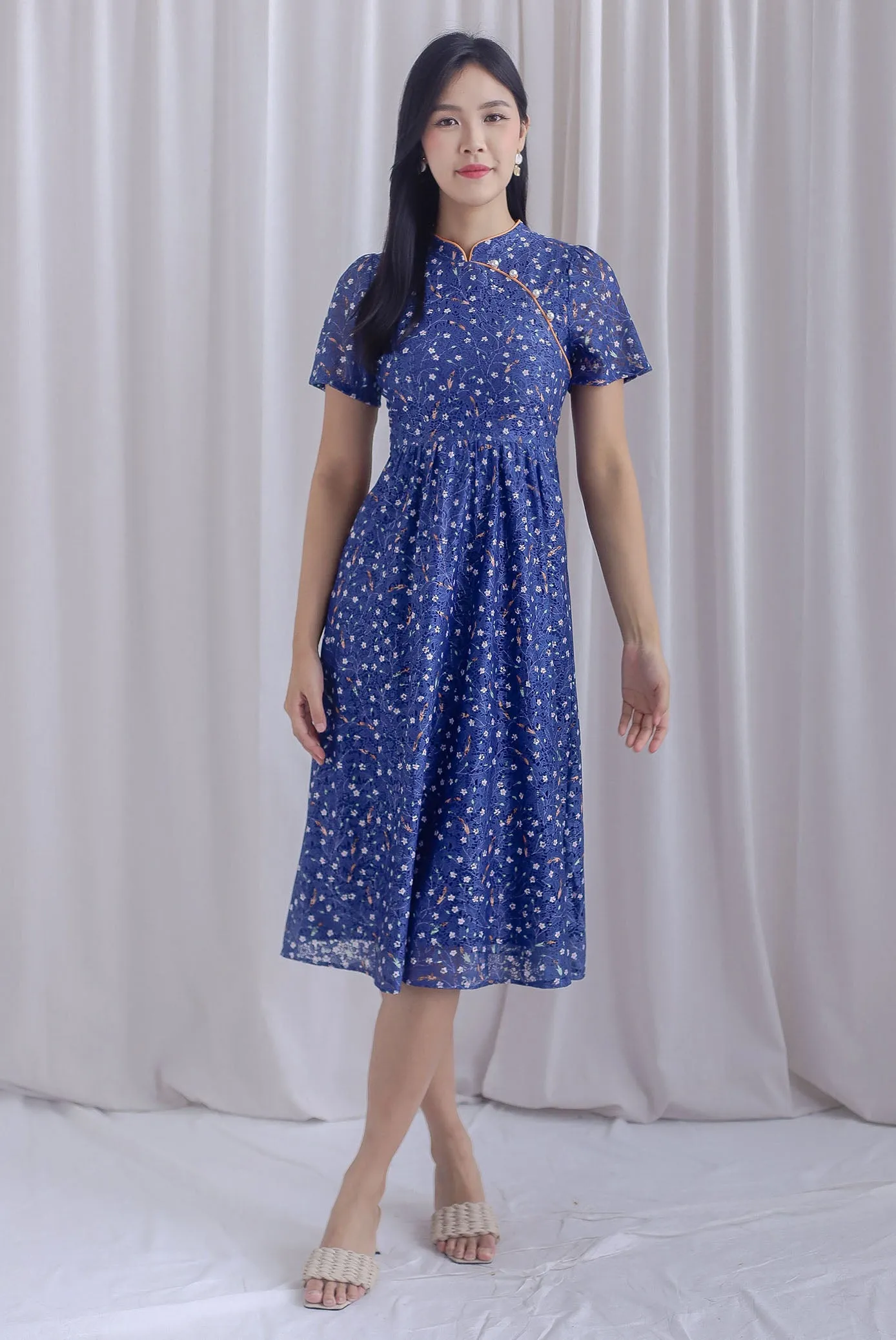 Eudora Sleeved Floral Lace Cheong Sam Dress In Navy/Orange