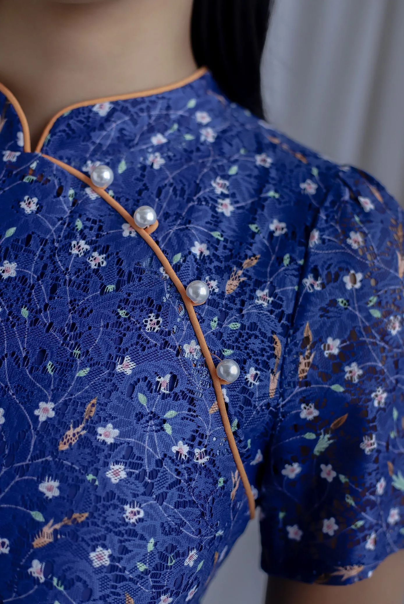 Eudora Sleeved Floral Lace Cheong Sam Dress In Navy/Orange
