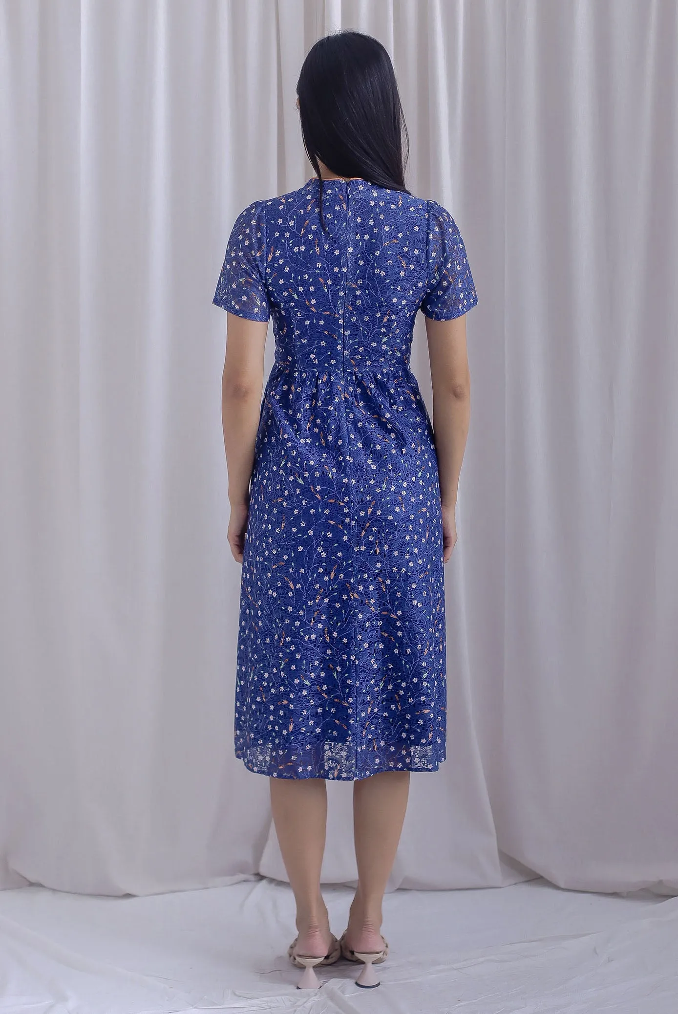 Eudora Sleeved Floral Lace Cheong Sam Dress In Navy/Orange