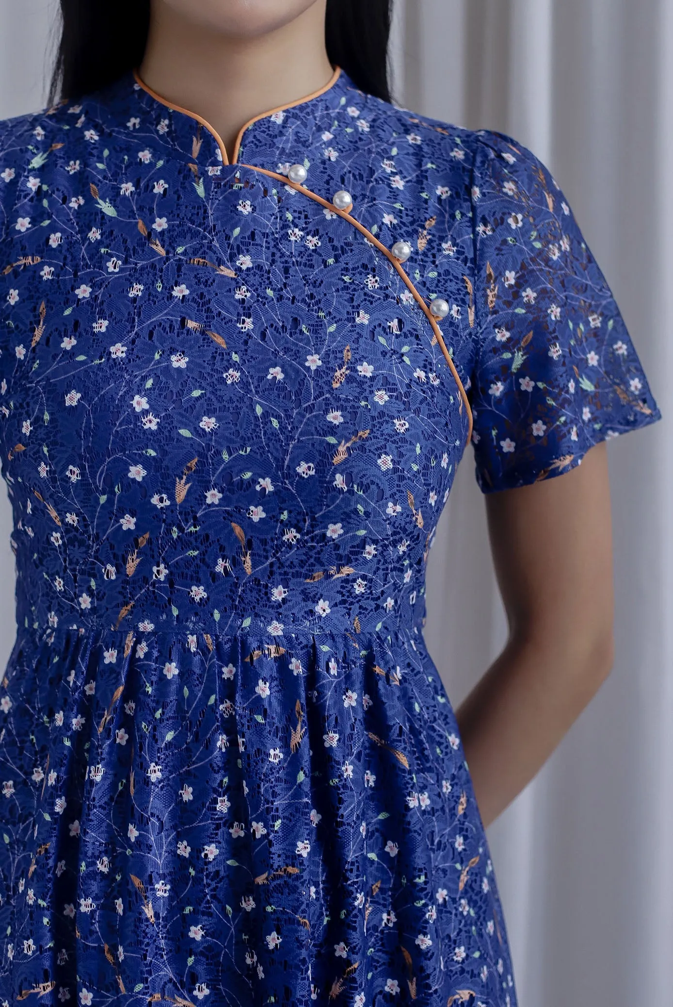 Eudora Sleeved Floral Lace Cheong Sam Dress In Navy/Orange