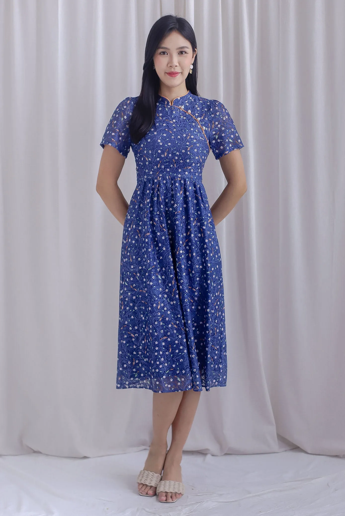 Eudora Sleeved Floral Lace Cheong Sam Dress In Navy/Orange