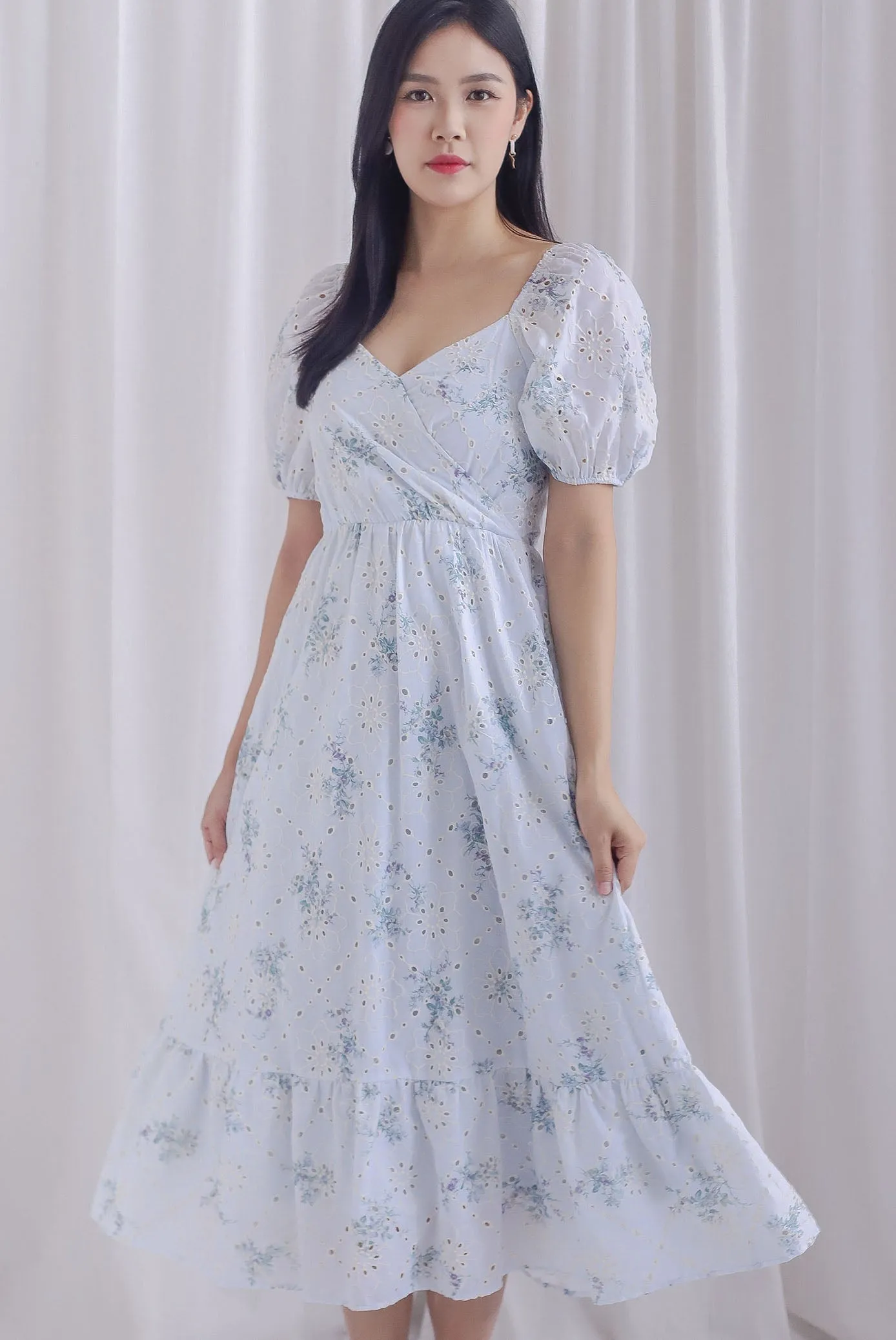 Felicity Floral Eyelet Puffy Sleeve Overlap Dress In Powder Blue