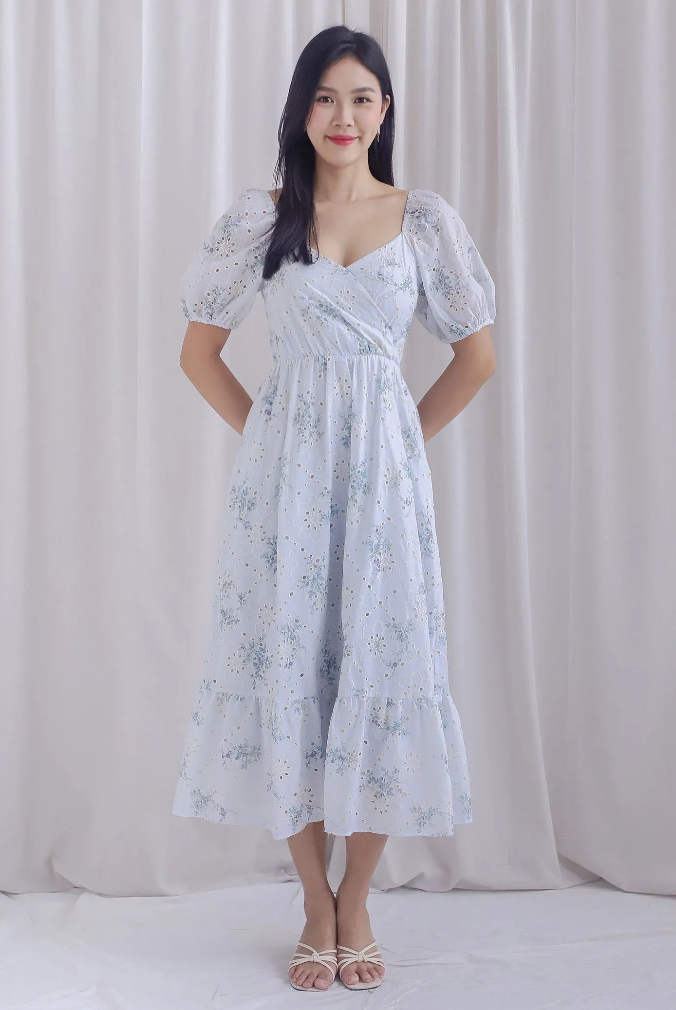 Felicity Floral Eyelet Puffy Sleeve Overlap Dress In Powder Blue