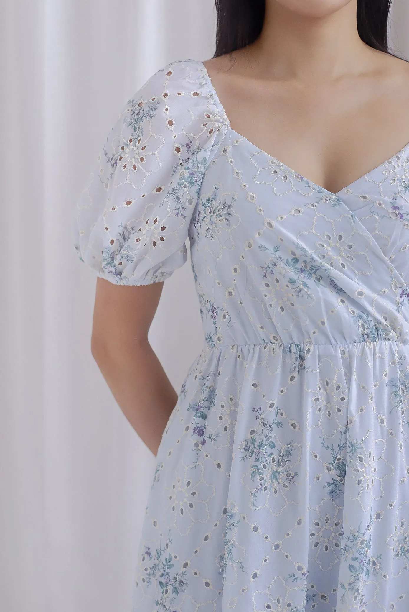 Felicity Floral Eyelet Puffy Sleeve Overlap Dress In Powder Blue