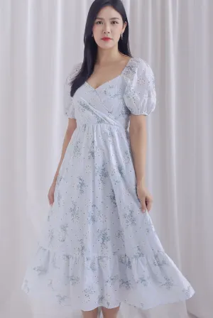 Felicity Floral Eyelet Puffy Sleeve Overlap Dress In Powder Blue