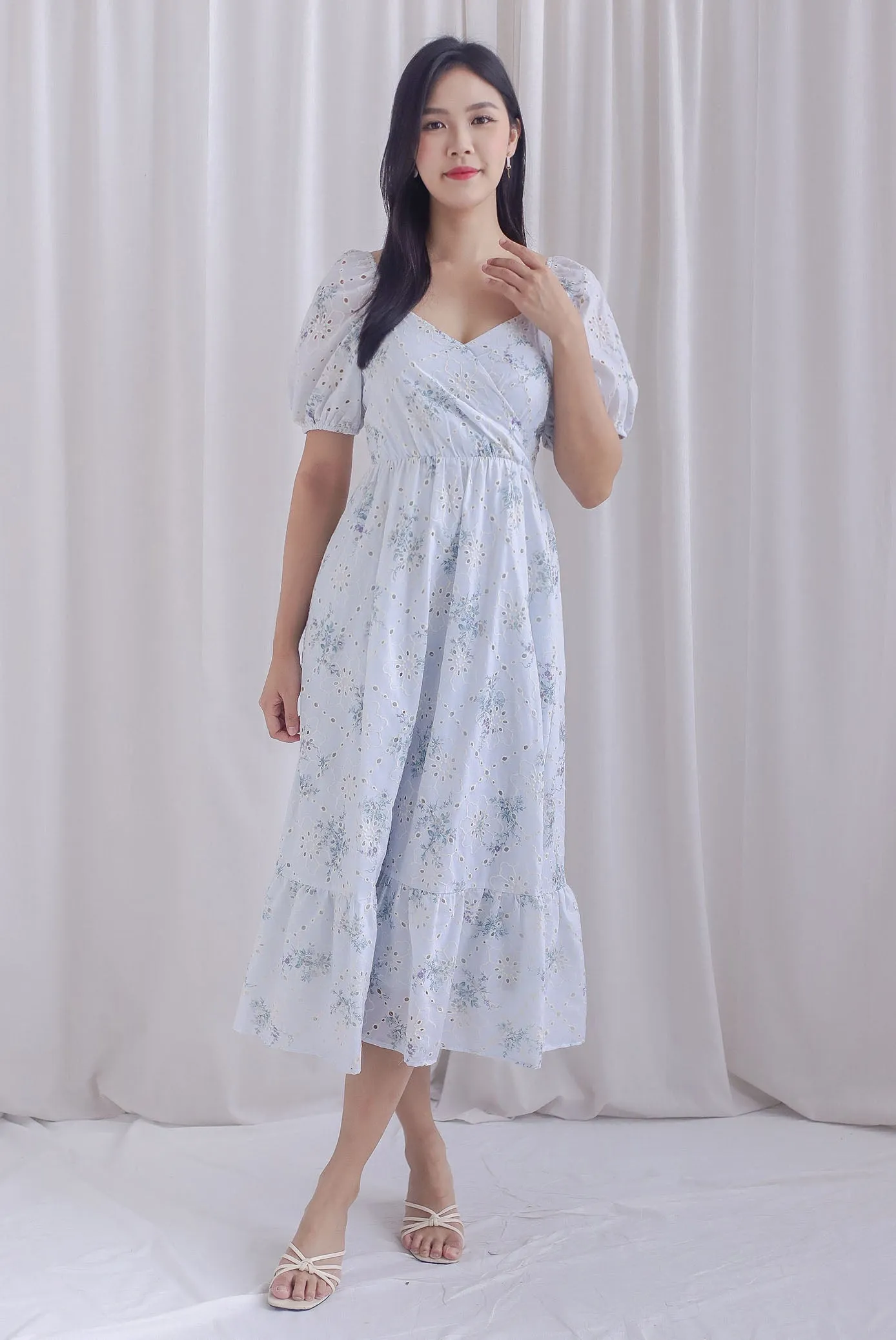 Felicity Floral Eyelet Puffy Sleeve Overlap Dress In Powder Blue