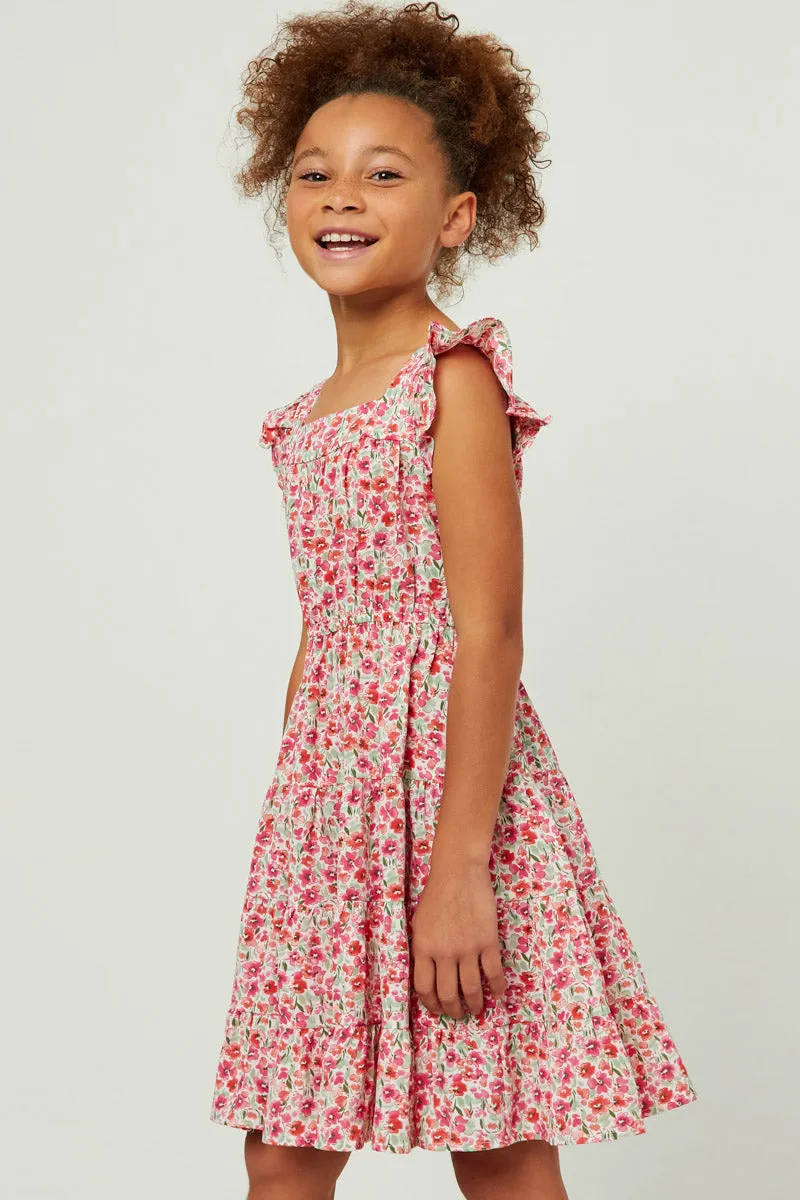 Floral Print Square Neck Ruffle Shoulder Dress