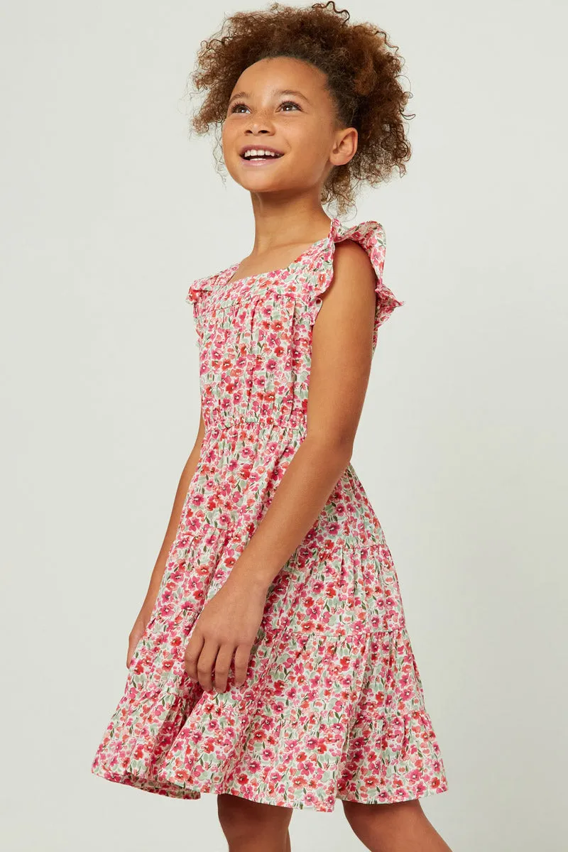 Floral Print Square Neck Ruffle Shoulder Dress