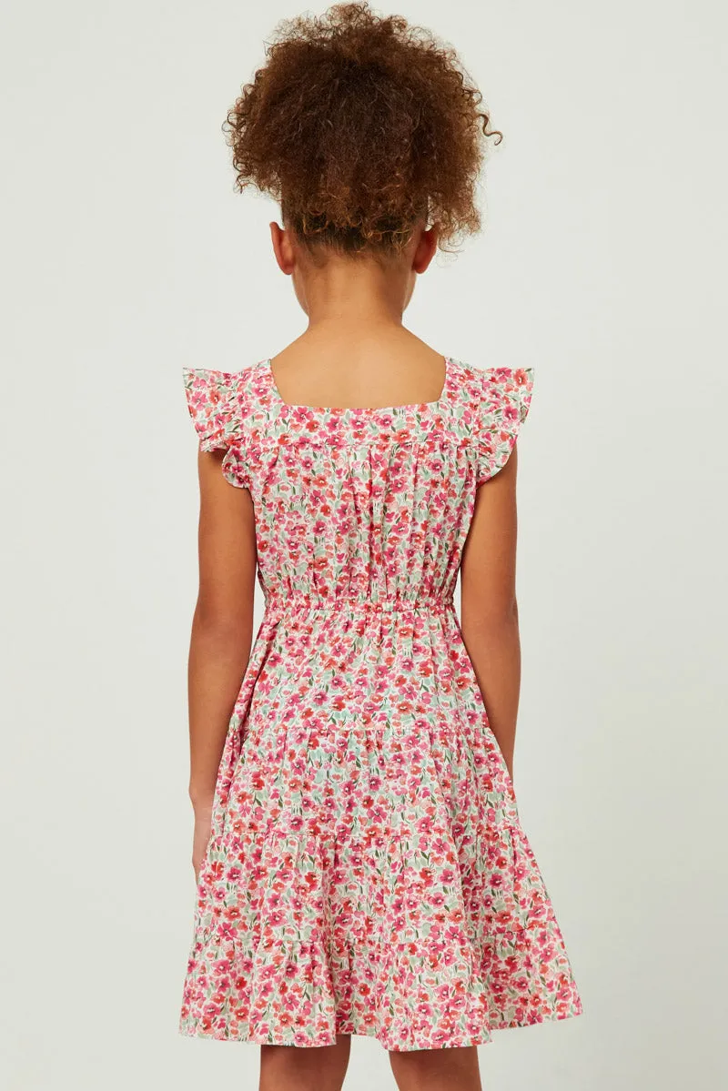 Floral Print Square Neck Ruffle Shoulder Dress