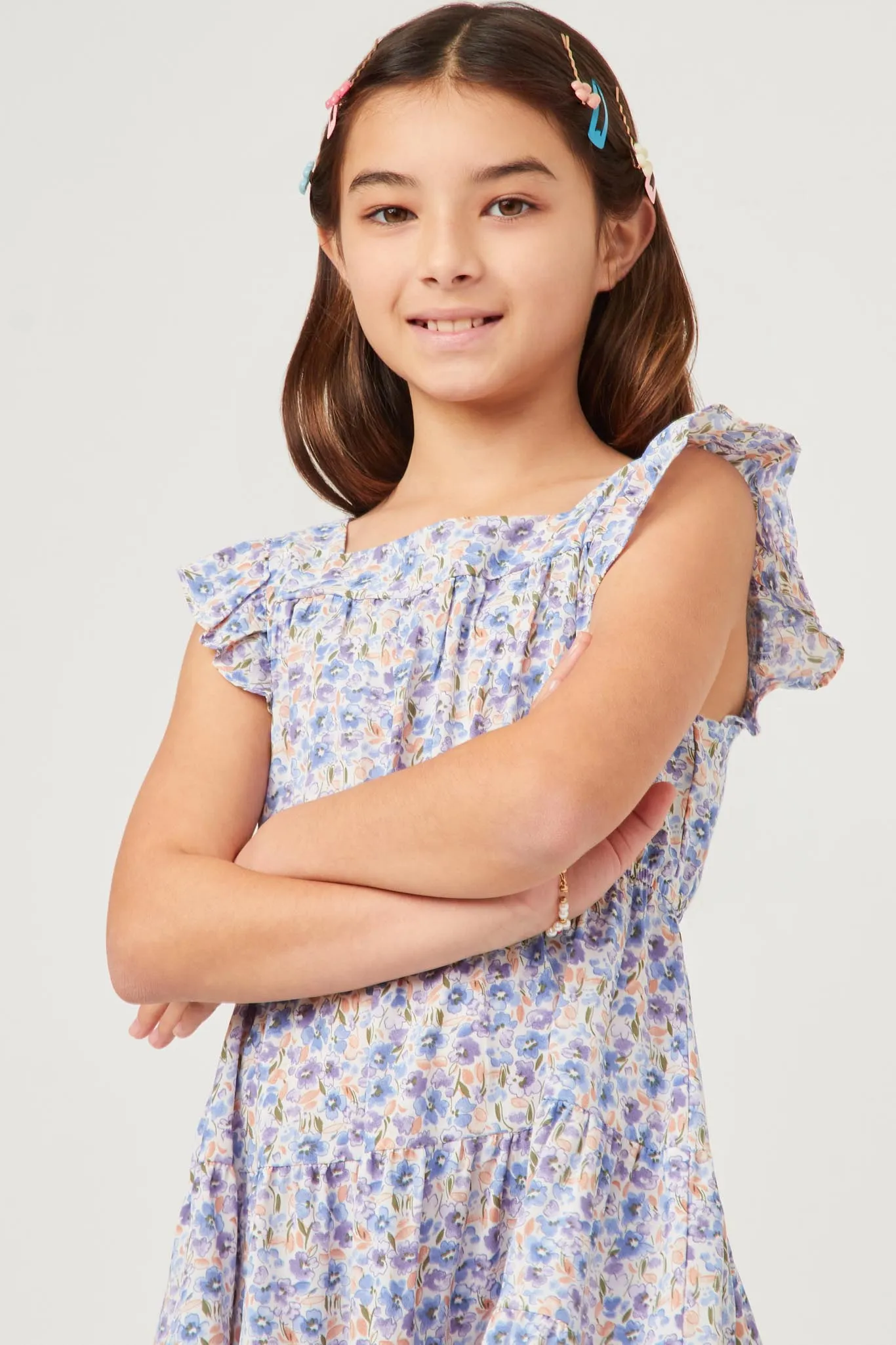 Floral Print Square Neck Ruffle Shoulder Dress
