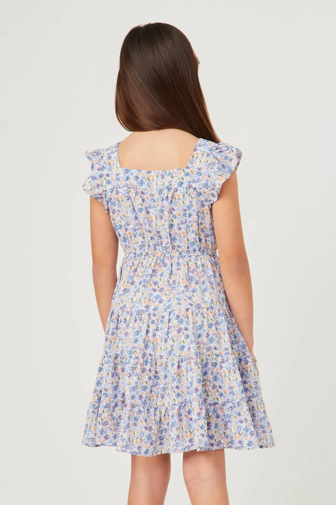 Floral Print Square Neck Ruffle Shoulder Dress
