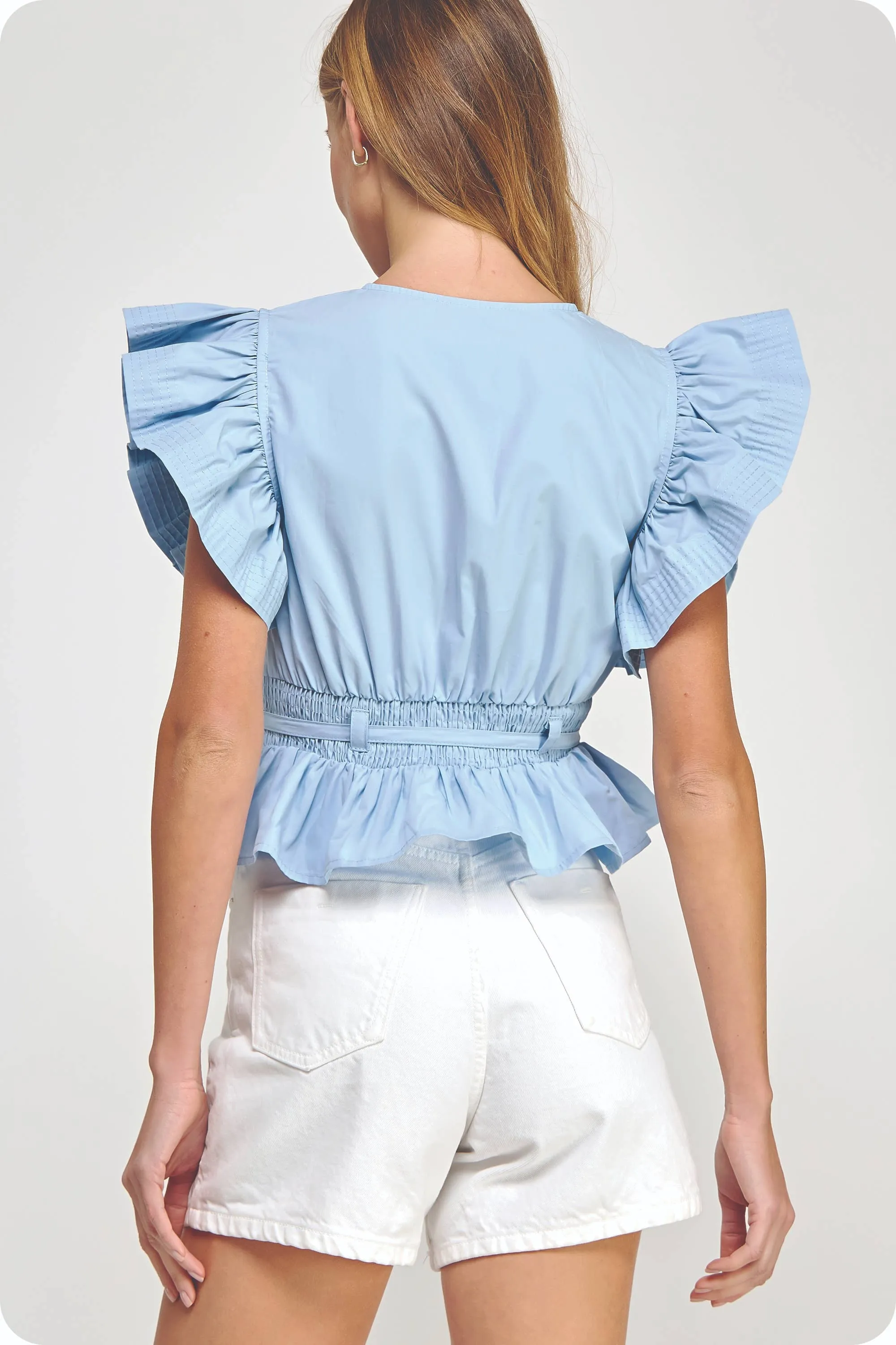 Flutter Sleeve Peplum Poplin Top: Chambray