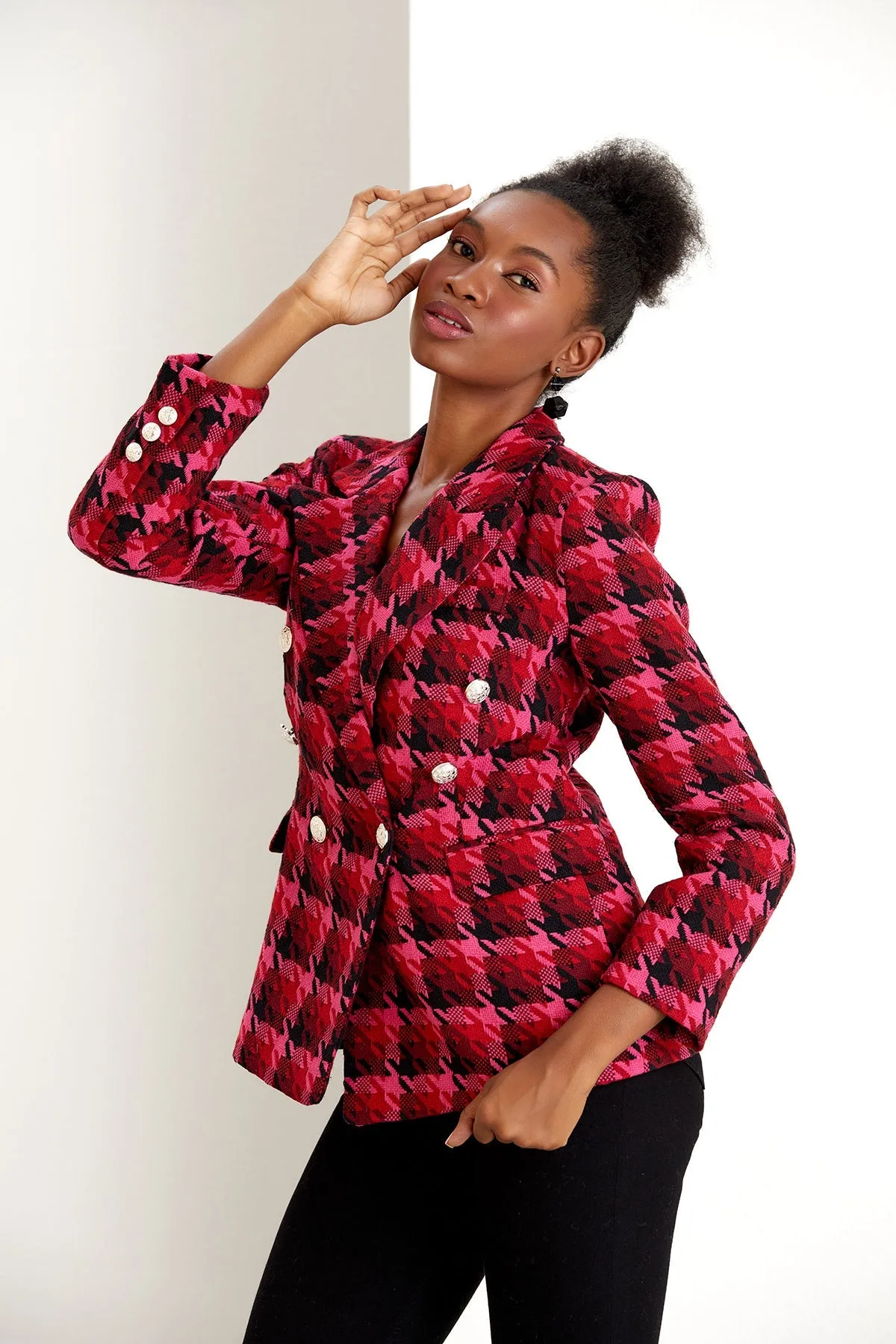 Fuchsia Pink Check Tweed Double Breasted Blazer