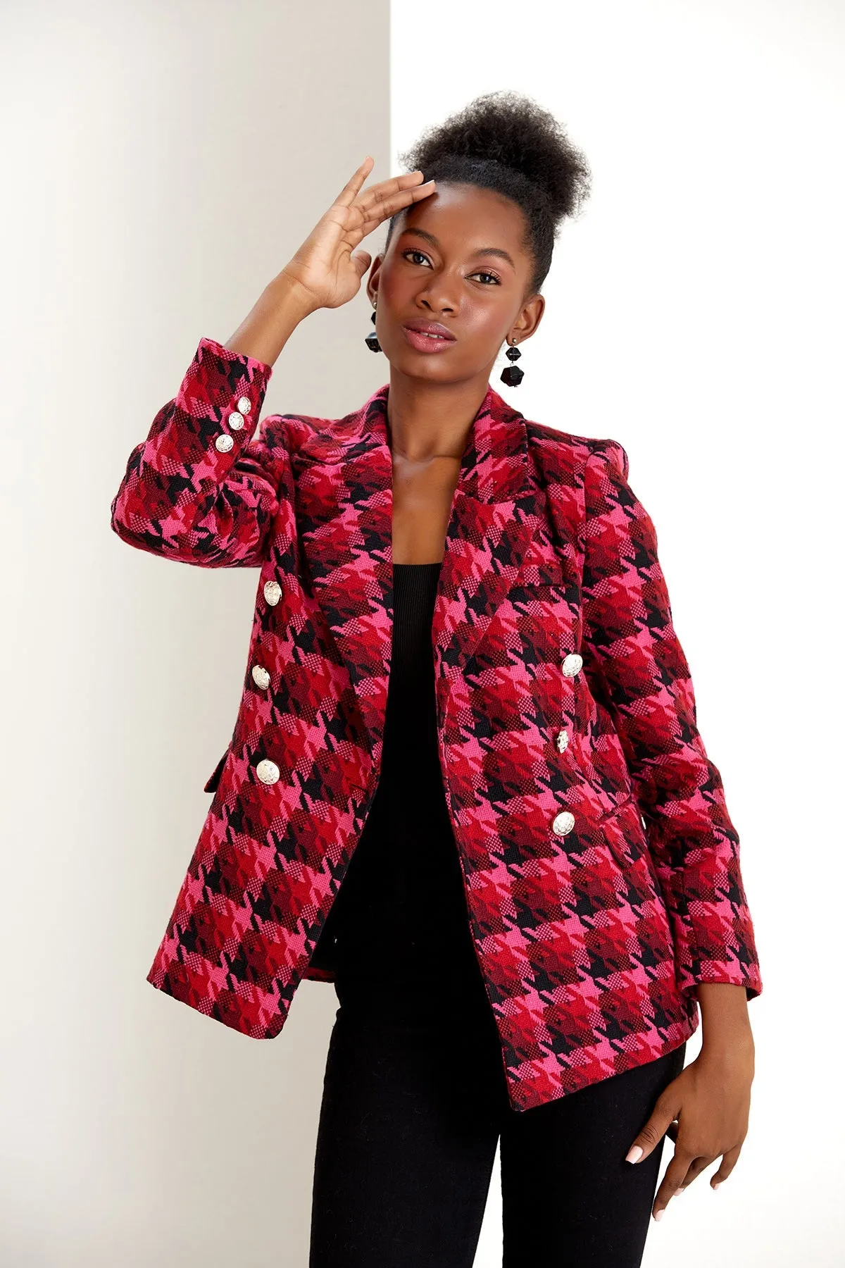 Fuchsia Pink Check Tweed Double Breasted Blazer