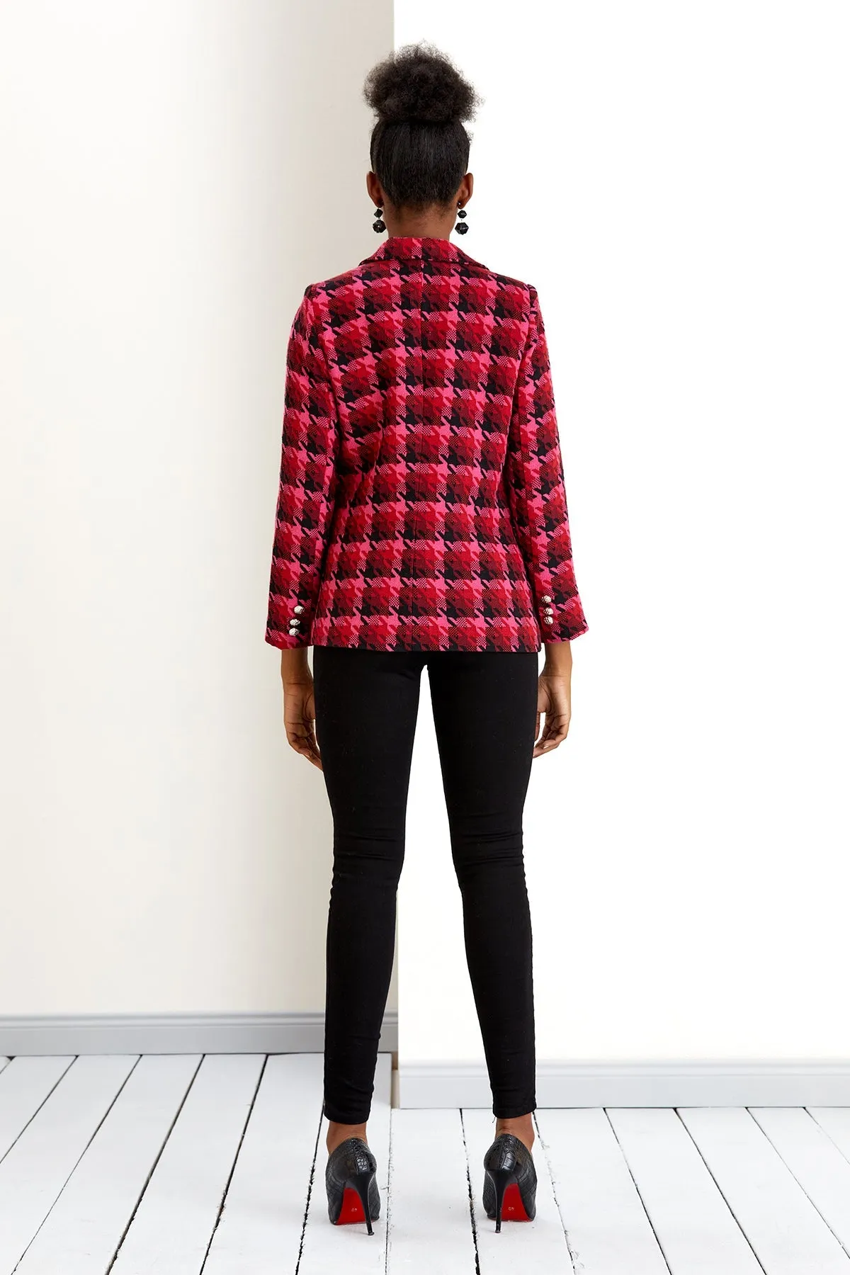 Fuchsia Pink Check Tweed Double Breasted Blazer