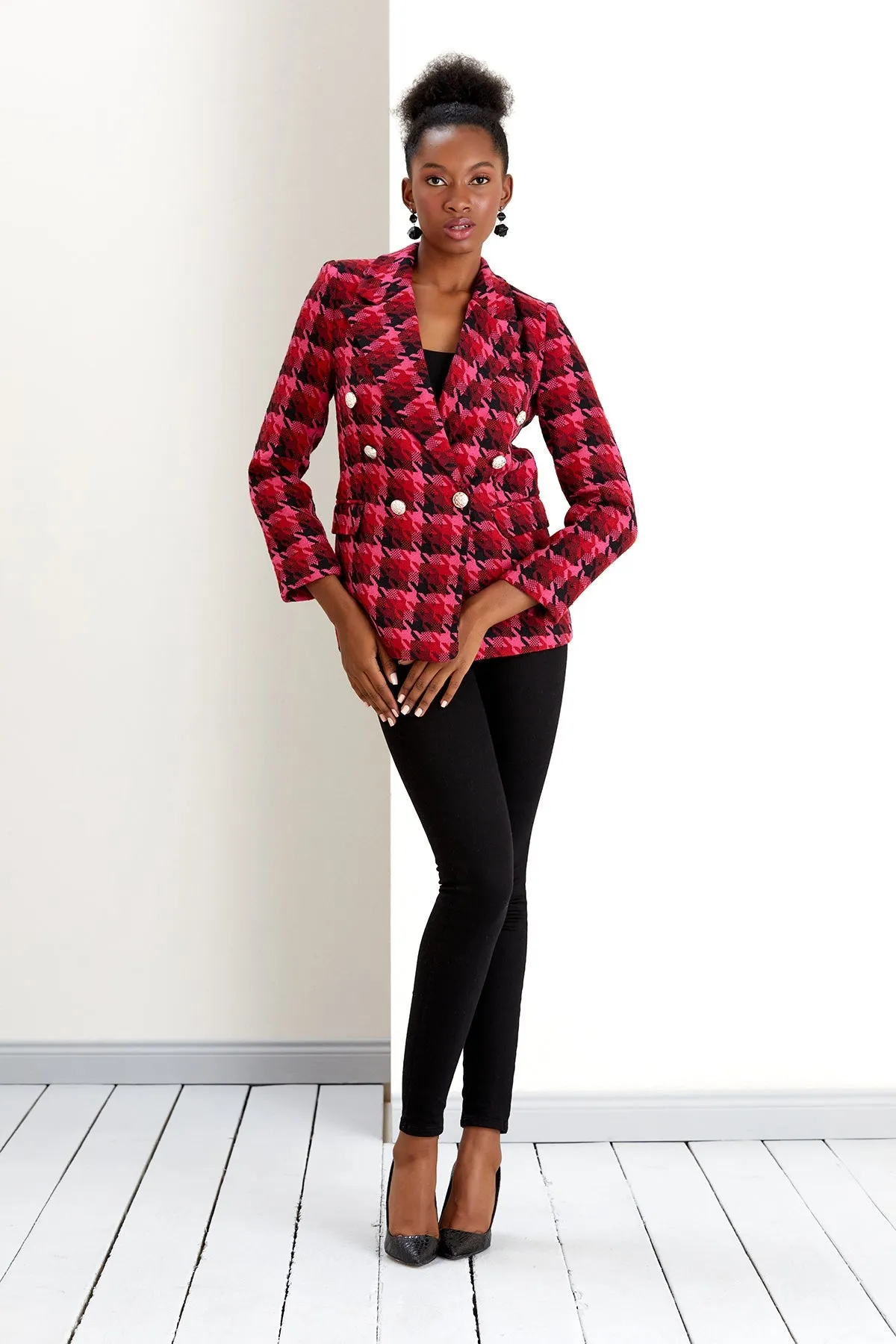 Fuchsia Pink Check Tweed Double Breasted Blazer