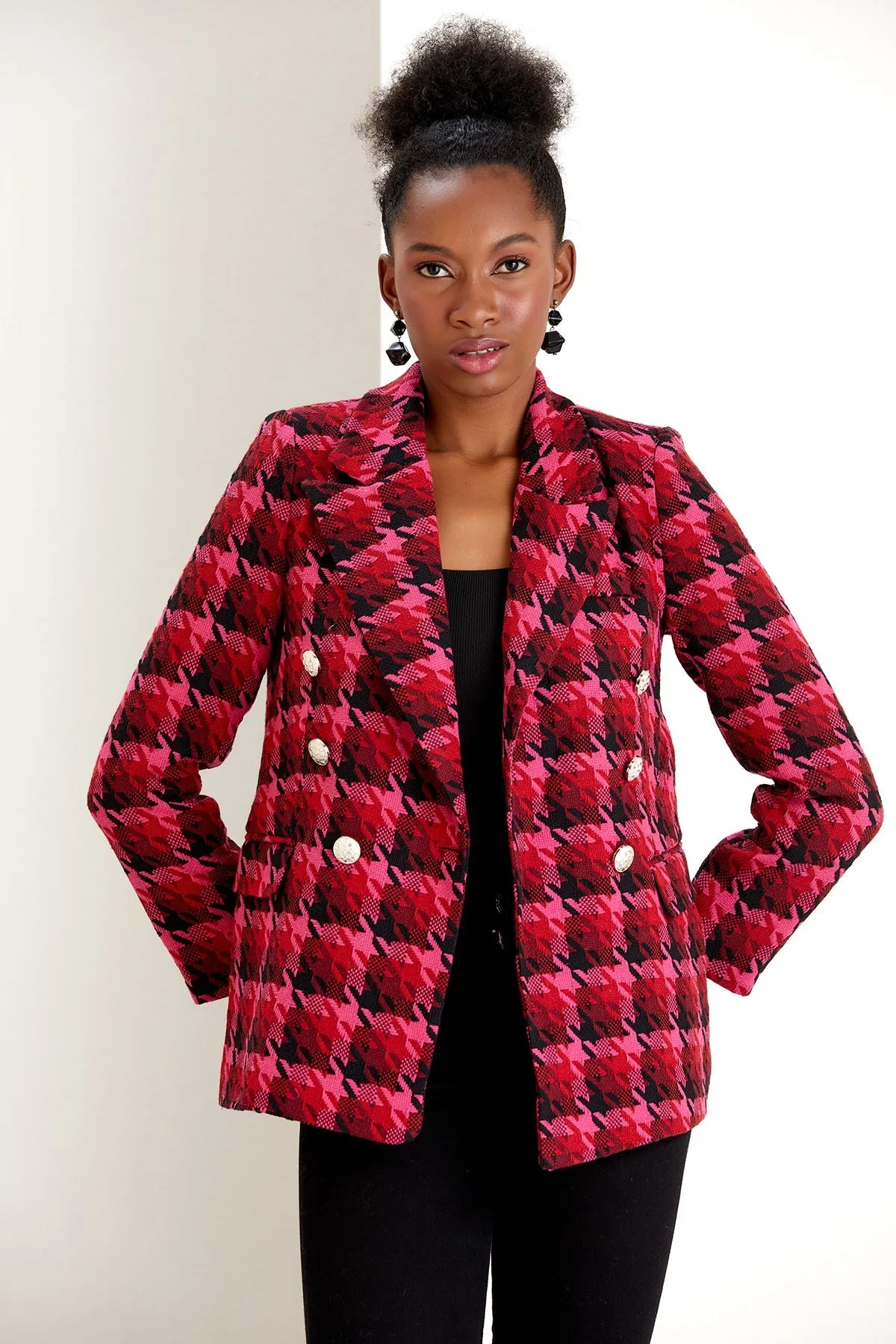 Fuchsia Pink Check Tweed Double Breasted Blazer