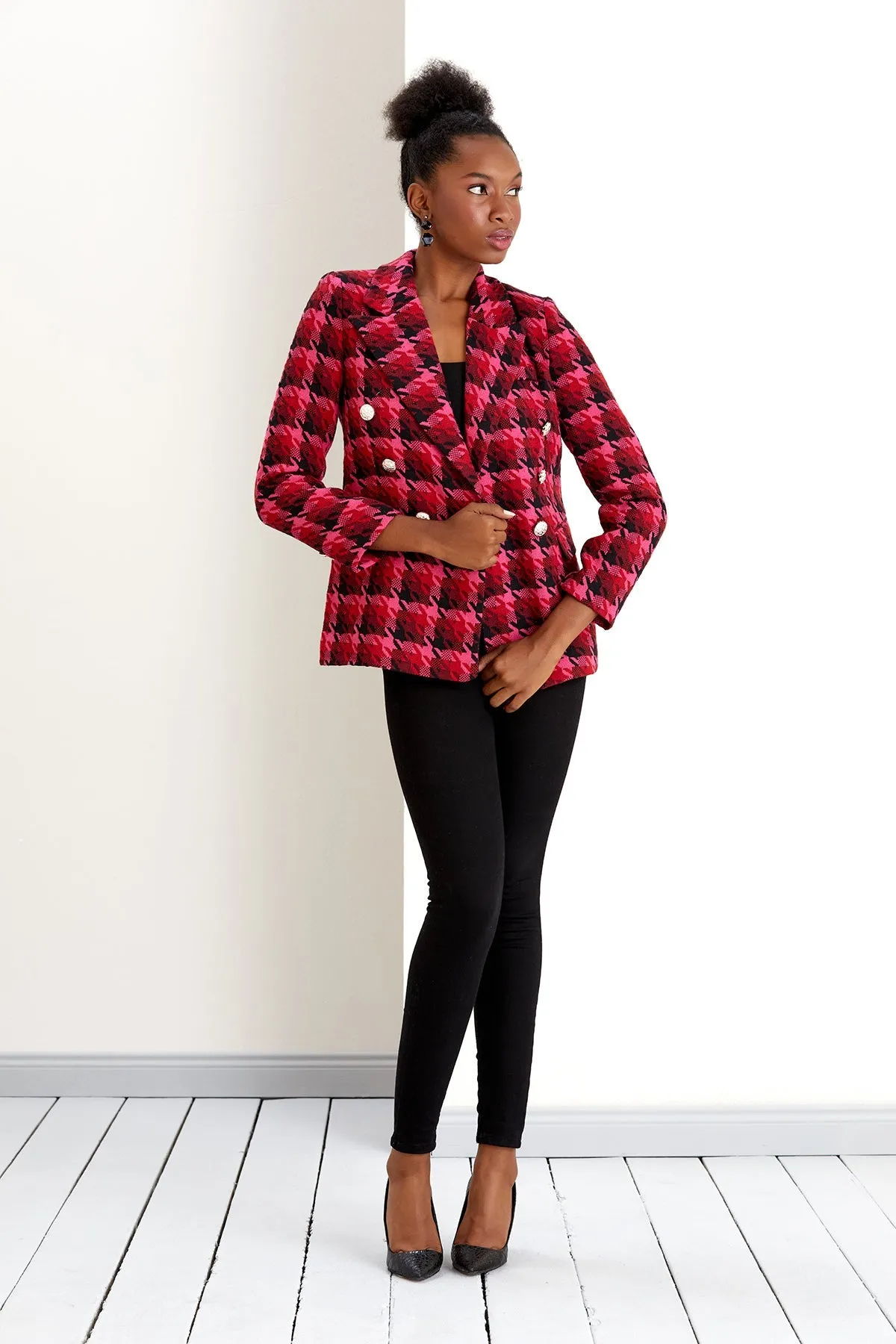 Fuchsia Pink Check Tweed Double Breasted Blazer