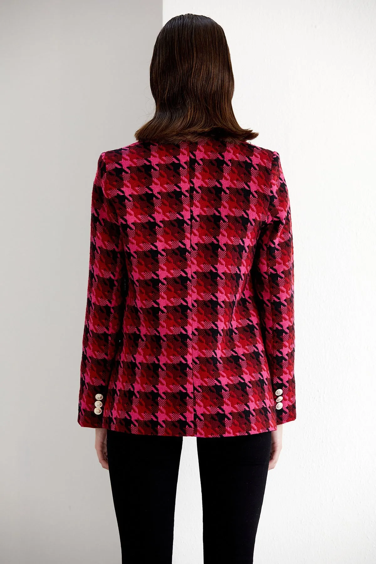 Fuchsia Pink Check Tweed Double Breasted Blazer